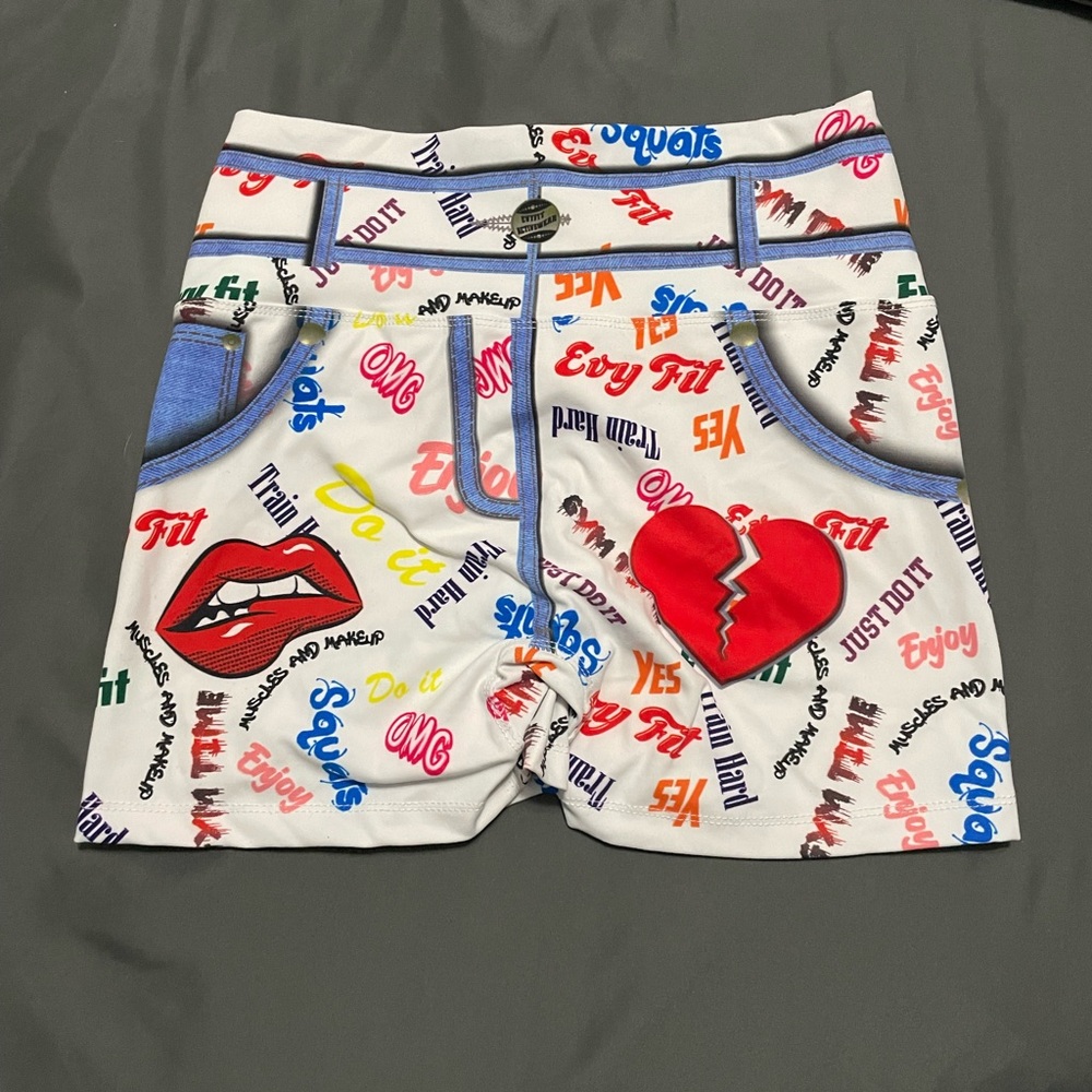 Evyfit Activewear White Lips fake jean shorts with butt scrunch